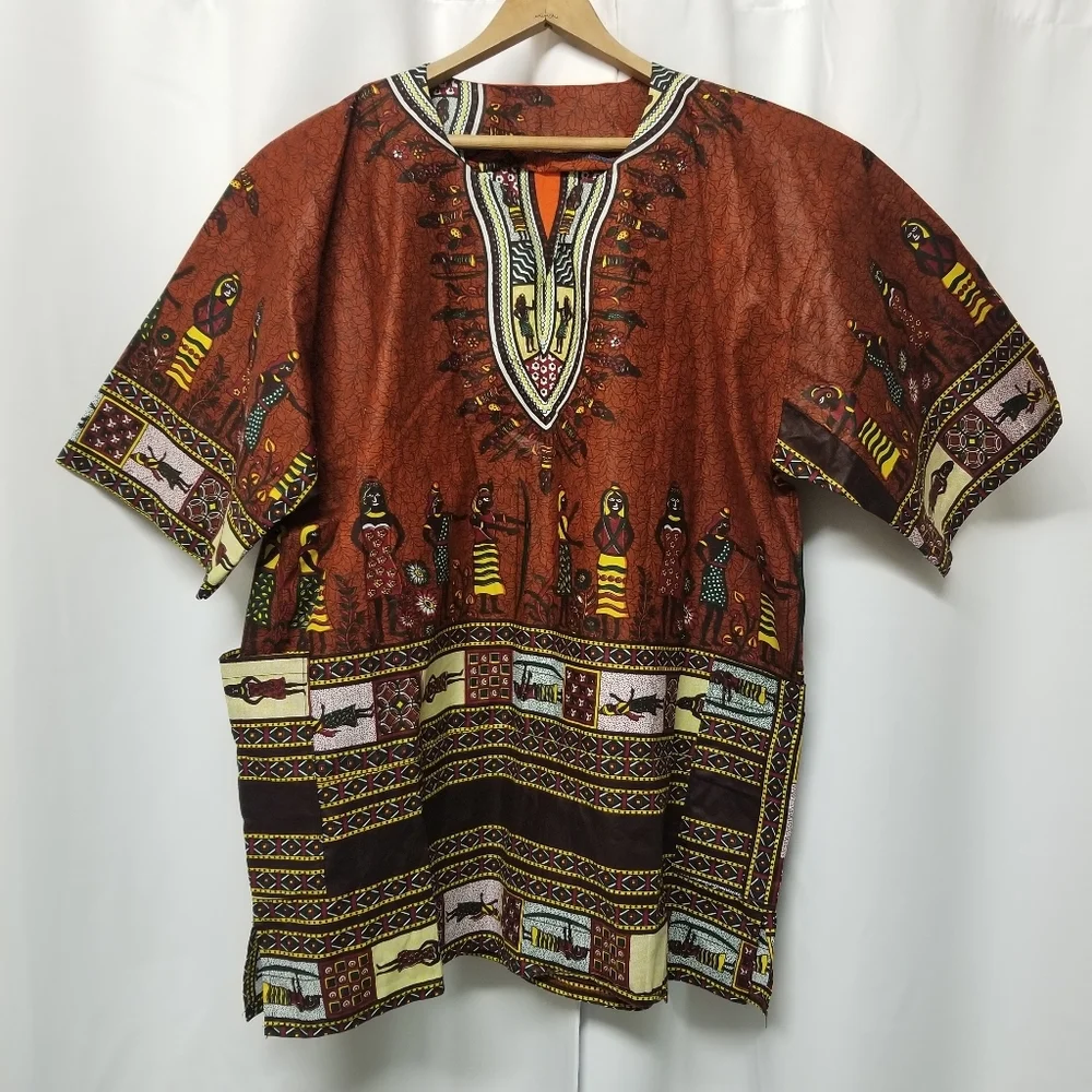 Vintage African Dishaki Shirt Homemade Kenti Print Double Wax Block Unisex